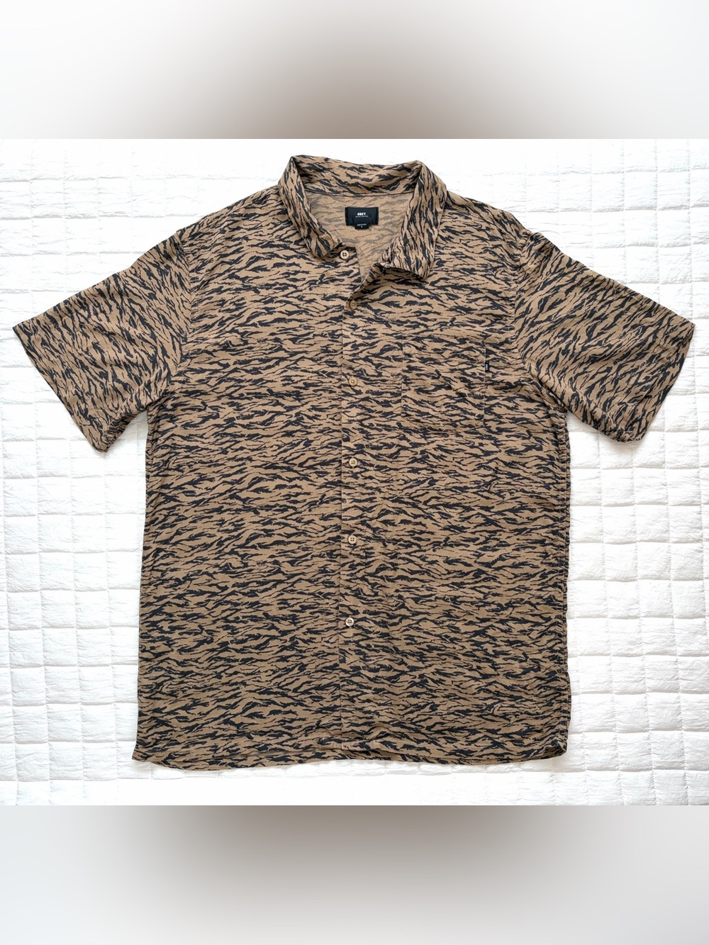 Obey Men's Tiger Stripe Short-Sleeved Black/Tan Button-Up Shirt Size L